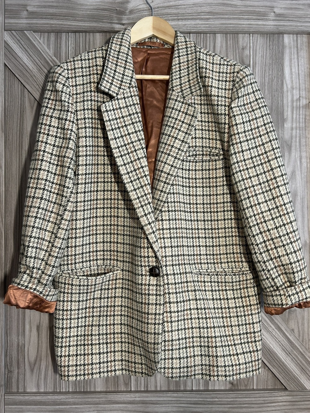 Vintage Runaway Bay Houndstooth Wool Blend Oversized Blazer Size 8 Dark Academia